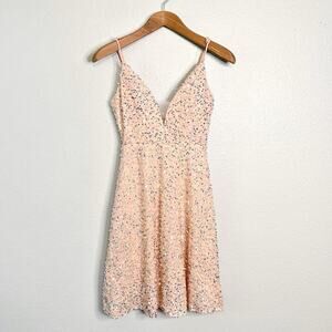 Miss Ord Sequin & Gem Blush Tulle Plunge Neckline Mini Dress Women’s Size Small‎
